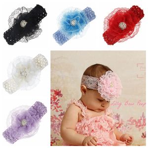 8 färger cm Handgjorda Fake Pearl Lace Flower Headband Crochet Elastic Hair Bands Stickade Baby Girls Headwear Party Decoration