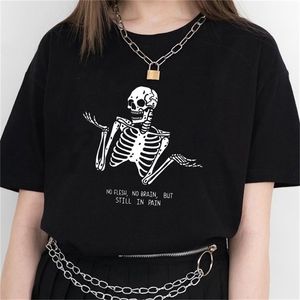 Kuakuayu HJN No Flesh Brain but Still in Pain Skull Citazioni divertenti Stampato T Shirt Donna Manica corta Street Style Tee Tops 210623