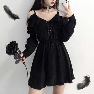 Gothic Bandage Black сексуальные платья для женщин Высокая талия Femme Платья с плечо с длинным рукавом Весна 210525