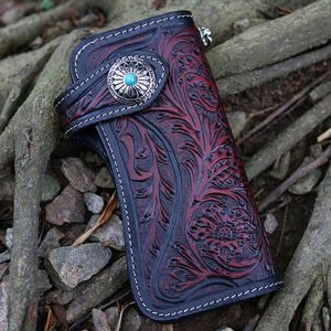 Wallets Men Women Button Open Artificial Cow Leather Handmade Holder Anti Lost Casual Wallet Japanese Carved With Chain Multipurpose