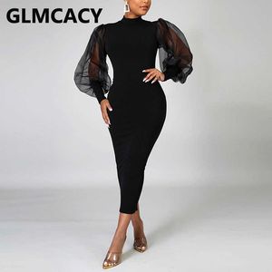 Mulheres Malha Lanterna Sleeve Slim Midi Vestido Elegante Bodycon Noite Party Long vestidos Vestidos 210702