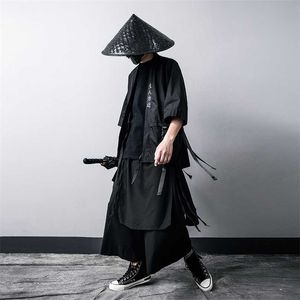 Männer Sommerjacke für Hip Hop Jacker Open Stitch Dünnmantel Windjacke Streetwear Bänder Japanische Samurai Lose Baumwolle 211110