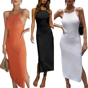 2021 New Women Summer Slip Dress, Solid Color Knitted Sheer Sleeveless Brace Skirt with Side Slits for Ladies, 3 Colors X0521