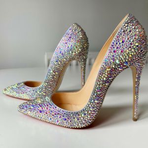 Casual Designer Sexy Lady Moda Donna Scarpe Crystal Glitter Strass Punta a punta Stiletto Stripper Tacchi alti Zapatos Mujer Prom Pompe da sera Large size 44 12cm