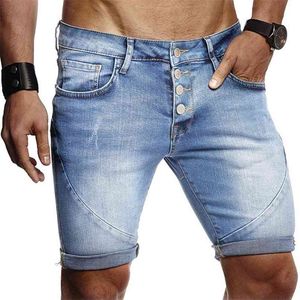 Män Denim Shorts Mode Vit Polerad Casual Men Board Button Fly Jeans Knee Length Pants 210716