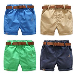 Sommar 3-10 år Bomull Navy Blå Kaki Green Solid Färg Barnens Running Sport Boy Shorts Kids With Leather Belt 210529