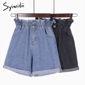 Elastiska midja shorts kvinnor kort feminino denim ladie sexig svart hög 5xl ruffles knapp solid sommar 210719