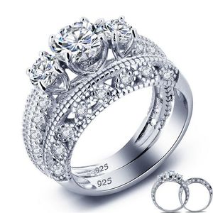 Nuovo arrivo Vintage Fine Jewelry Coppia Anelli Argento 925 Tre pietre Topazio bianco Diamante Festa da donna Anello da sposa Set regalo