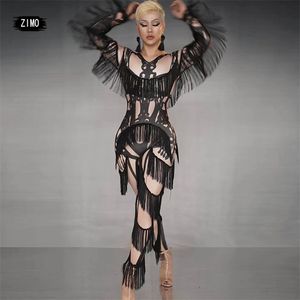 Branco Preto Tassel Jumpsuit Mulheres Falsoso Imprimir Dançarina Spandex Leggings Singer Stage Wear Prom Show Outfit Nightclub Trajes Rave 211119