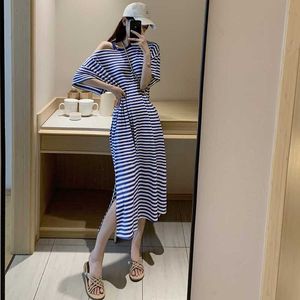 Summer Casual Retro All-match Black O Neck Short Sleeve Striped Dress Women Off Shoulder Split Loose Clothing Vestidos De Mujer 210610