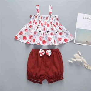 Summer Infant Pagliaccetti Abbigliamento Strap Print Top Pantaloncini rossi Solid Baby Girls Costume 12M-5T 210629