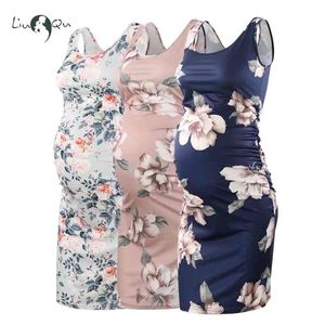 Pacote de 3 pcs Mulheres Vintage Maternidade Vestidos Sem Mangas Lado Ruched Tanque Grávida Vestido Floral Joelho Comprimento Gravidez Roupas 210922