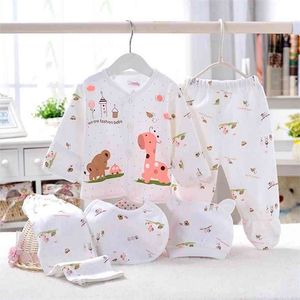 Spring and Summer Autumn 5-piece Cute Animal Pattern Top Pants Bib Hat Set for born Baby Clothes 210528