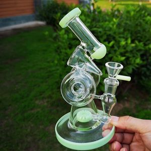 best selling Green Purple Hookahs Unique Bong Double Recycler Bongs Slitted Donut Perc Oil Dab Rigs Sidecar Colored Glass Water Pipes 14mm Female Joint With Bowl