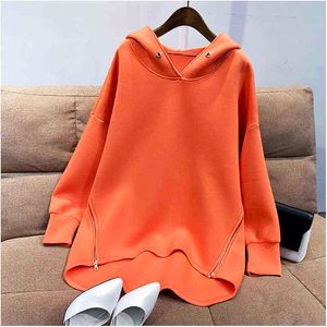 Femmes Hoodies Sweat Automne Coréenne Mince À Manches Longues Fermeture Éclair Latérale Harajuku Lâche Surdimensionné Pulls Femme Sudadera Mujer 211108