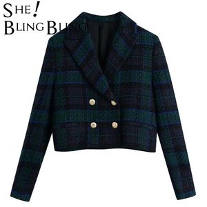 SheBlingBling Za Damen Zweiteilige Blazer Anzüge Plaid Kurze Jacken Set Weibliche Mäntel Vintage Slim Outwear Crop Top Arbeitskleidung 211006
