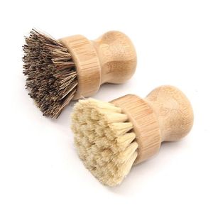 Yuvarlak Fırça toptan satış-ABD Stok Yuvarlak Ahşap Fırça Kolu Pot Çanak Ev Sisal Palm Bambu Mutfak Evi Ovma Temizleme Fırçaları
