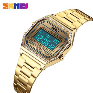 Kvinnors Sport Watch Fashion Chrono Stopwatch Alarm LED Display Klockor Ny rostfritt stålband Vattentät digital handled