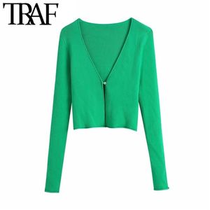 TRAF Women Fashion Single Button Ribbed Knit Cardigan Sweater Vintage V Neck Långärmad Kvinnlig Ytterkläder Chic Toppar 210914