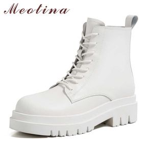 Meotina Women Motorcycle Boots Shoes Real Leather Platform Mid Heel Ankle Boots Zip Lace Up Block Heels Lady Short Boots Beige 210608