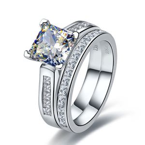 Sólido 18k ouro branco au750 conjunto 2ct princesa anel de noivado de diamante com declaração de banda de casamento presente de jóias para senhora