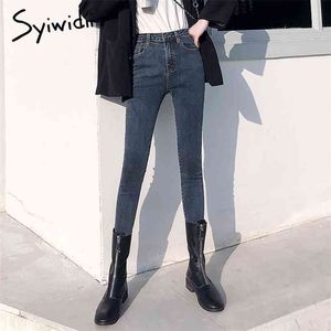 Szary dżinsy Kobieta Wysoka talia Kobiety Skinny Moda Koreański Płuczone Powlekane Dżinsowe Spodnie Ołówek Stretch Jean Black Plus Rozmiar 210720