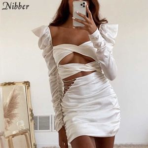 Nibber сексуальный полый слойный гильзный дизайн Bodycon мини-платье для женщин осень зима шикарная металлическая цепь вечеринка носить элегантное платье женщина Y0726