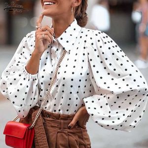 Wiosna Kobiety Koszulki Biały Czarny Polka Dot Bluzka Cardigan Moda Kobiety Topy Plus Rozmiar Latarnia Rękaw Damska Odzież 210527