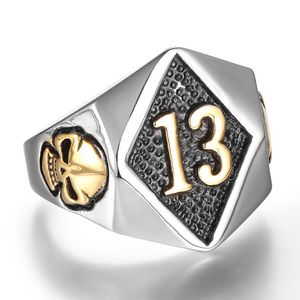 316L Rostfritt stålring 18K guld Silver Punk Gothic Mäns Biker Skull Number 13 Ringar Smycken Messenger Style Lokomotiv Serie Super Cool