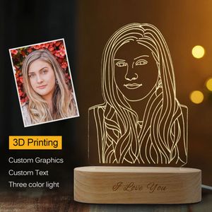 Özelleştirilmiş 3D Gece Lambası USB Ahşap Baz DIY Atmosfer Geceleri Lamba Düğün Noel Hediyesi için Tatil Özel Metin Fotoğraf