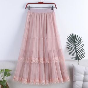 Skirts PEONFLY Elegant Lace Tulle Maxi Skirt Women 2021 Summer Korean Cute Aesthetic Mesh Pink A Line High Waist Long Female Lady