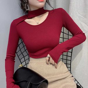 Shintimes Sexy T Shirt Femme Spring Autumn Half Turtleneck Tshirt Kobiety Hollow Out Cotton Solid Slim Tee Koreański Damskie Topy X0628