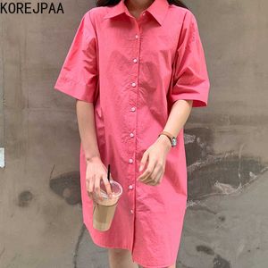 Korejpaa Women Dress Summer Korean Lazy Style Lapel Single-Breasted Concealed Pocket Design Loose All-Match Shirt Vestidos 210526