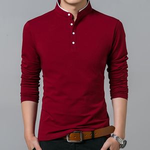 Men Cotton T Shirt Full Sleeve tshirt Man Solid Color T-shirts tops&tees Mandarin Collar Long Shirts