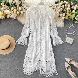 Neploe French Retro Court Styl Styl Solid Dress High Waist Hip Nieregularny Projekt Slim Vestido Sexy Hollow Out Lace Ropa Mujer 81137 Y0823