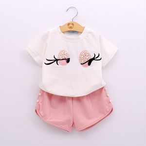 Casual Suit Clothing Set Top+Shorts Pearl Decoration 2Pcs Children's Girl Kids Clothes Girls 210528