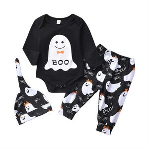 2021 Новый младенческий новорожденный ребенок Хэллоуин одежда мультфильм печать призрак костюмы милый фестиваль детские мальчики для девочек одежда 0-18 м G1023