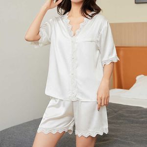 Mulheres casuais pijamas cetim dois pedaço conjunto lounge desgastar pijama de verão camisas de lingerie macio pjs lingerie com rendas casa roupas q0706