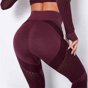 Seamless Sport Women Leggings Fitness Red Wine Hollow Print High Waist Elastic Push Up Leggings Workout Running Pants 211008