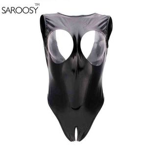 Nxy Sexy Set Saroosy Elastic Pvc Vinyl Black Bodysuit for Women High Cut Thong Open Cup Erotic Leotard Costumes Latex Plus Size 1202