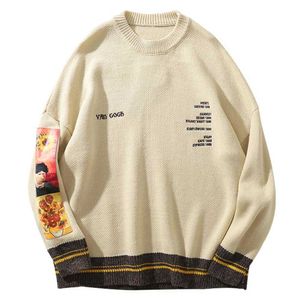 Hip Hop Moda Sweter Pullover Mężczyźni Van Gogh Malarstwo Haft Sweter Dzianiny Harajuku Mężczyzna Streetwear Topy Casual PullectorP0805
