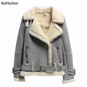 Kohuijoo Kış Süet Ceket Kadınlar Kalın Sıcak Moda Fermuar Motosiklet Kuzular Yün Ceket Kadın Shearling Palto 211118