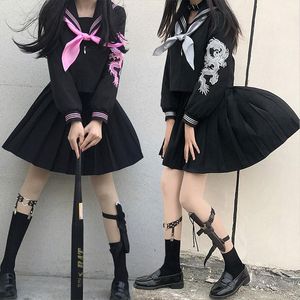 Klädsuppsättningar Vit Rosa Dragon Japansk Sailor Jk Uniform Black Suit Scarfe Pläterad Kjol Suits Japan Korea Girls Basic School Tops