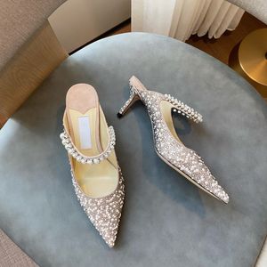Тапочки Bing 65 мм, украшенные драгоценными камнями, с шипами на ножном браслете, туфли-мюли на шпильках, туфли со стразами и жемчугом из бисера, сандалии для женщин, дизайнерская обувная фабрика