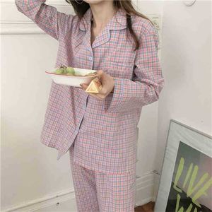 Kobiety Vintage Plaid Cute Fashion Cardigans Delikatne Casual Długie Rękawy Wysokiej Jakości Luźne Wszystkie Dopasuj Piżamy Zestawy 210525