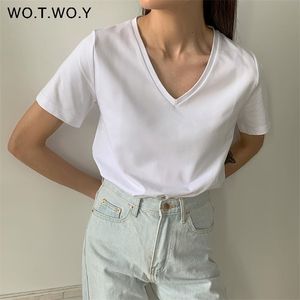 WOTWOY Summer Casual Solid T-shirt con scollo a V da donna in cotone lavorato a maglia Basic manica corta Top femminile Soft White Tee Shirt Harajuku 220307