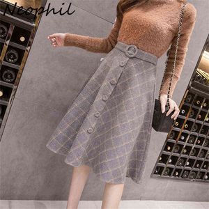 Neophil Winter Woolen Plaid Röcke Frauen Knielangen Ballkleid Knopf Schärpen Hohe Taille Flare Röcke England Falda S9223 211120