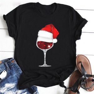 T-shirt feminina feminina feminina casual copo de vinho de natal impresso o decote solto de grade de rua de luva curta de manga curta