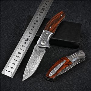 1 sztuk Wysokiej Jakości Flipper Składany Nóż VG10 Damaszek Stalowy Drop Point Blade Rosewood + Stale nierdzewne Rękojeść Noże Kieszonkowe EDC