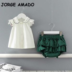 Atacado primavera meninas 2 pcs sets sem mangas Peter Pan Collar White Top + Verde Solid Color Shorts Kids Roupas E9212 210610